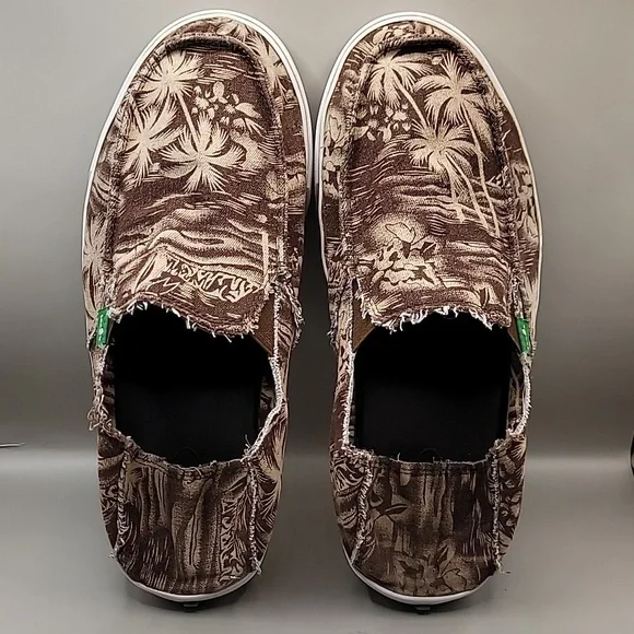 SANUK Sidewalk Surfers Shoes Men's Sz 9 Brown Frayed Palms Canvas Slip-On Beachy - Picture 5 of 10
